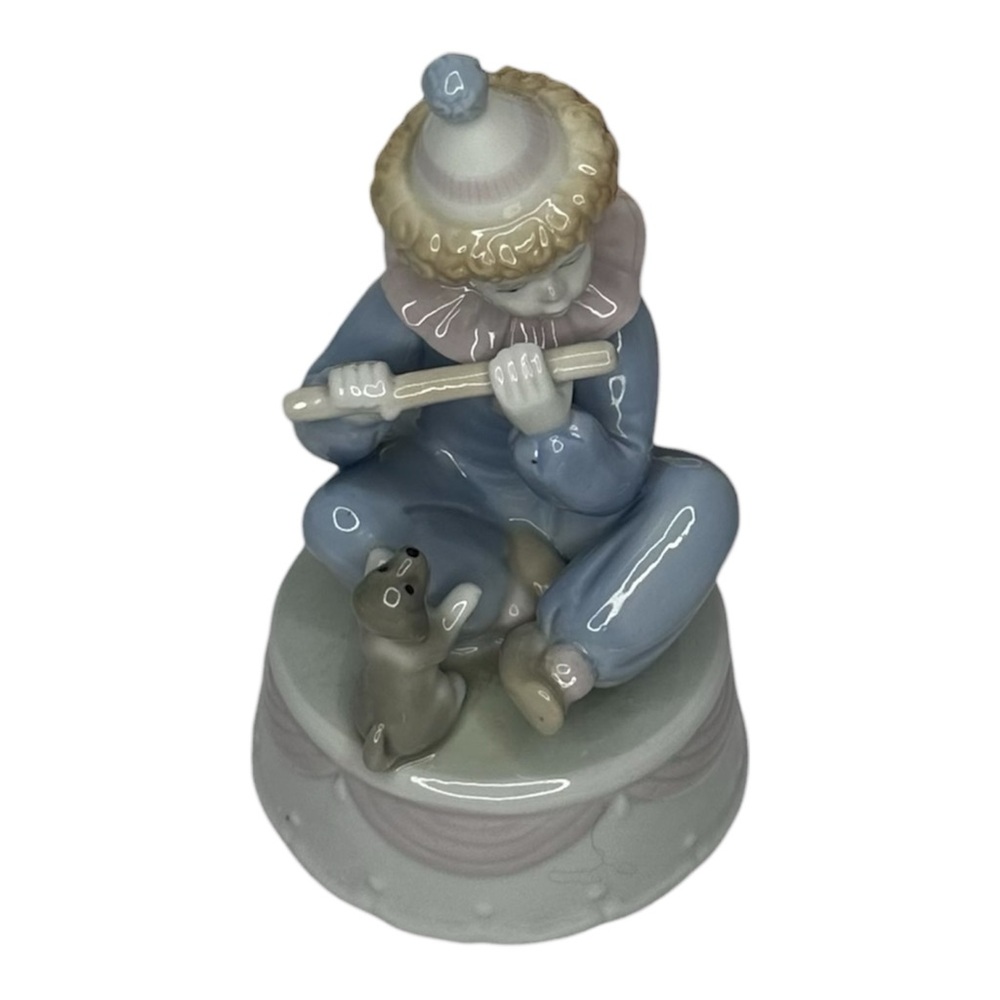 Vintage Paul Sebastian Porcelain Clown Figurine with Flute and Puppy Music Box